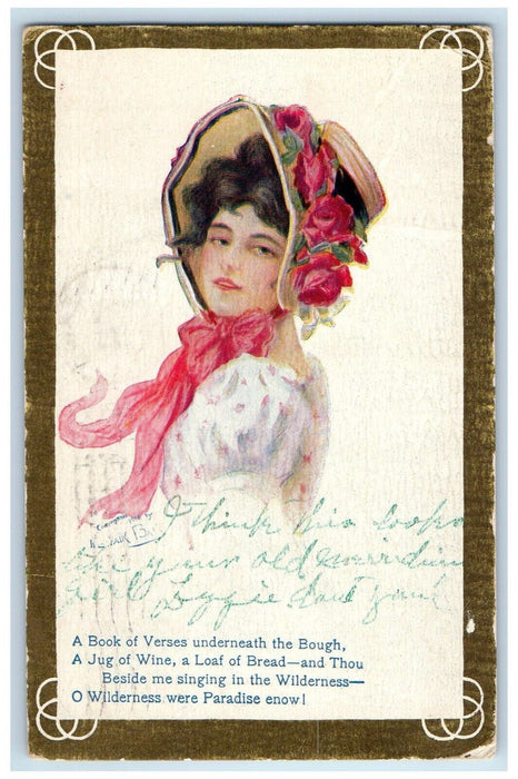 1910 Pretty Woman Curly Hair Flowers Hat Redwire California CA Antique Postcard