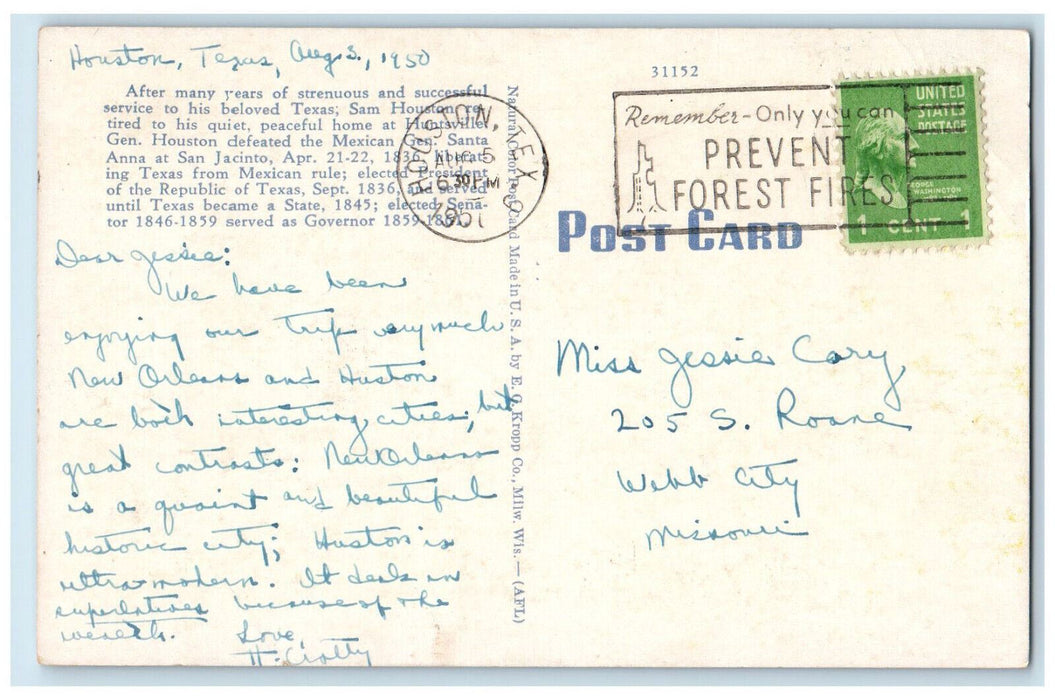 1951 View Of Gen. Sam Houston's Home  Mount Vernon Of Texas TX Vintage Postcard