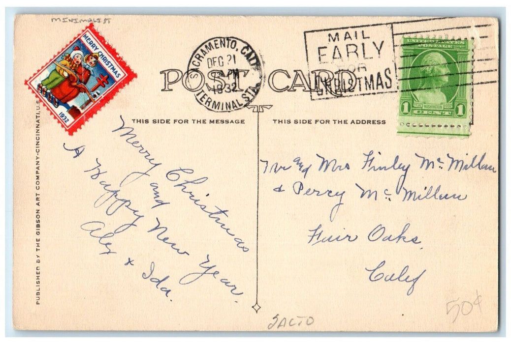 1932 Christmas Minimalist Berries Candles Sacramento California CA Postcard