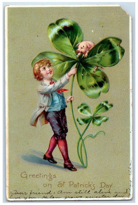 1908 St. Patricks Day Greetings Boy Holding Giant Shamrock Pig Tuck's Postcard