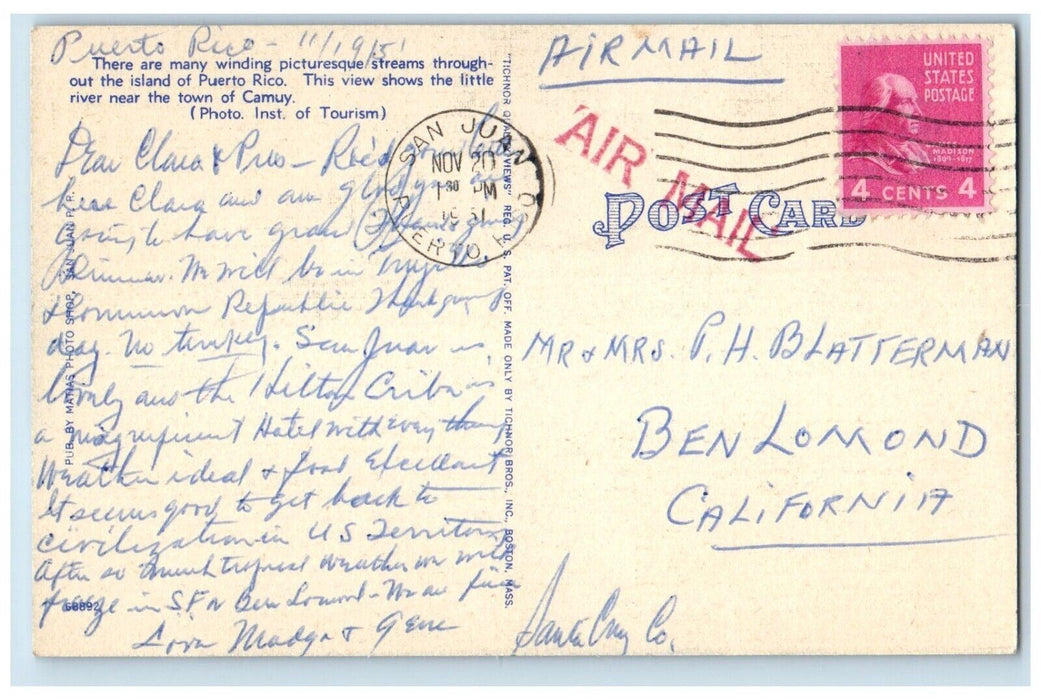 1951 View Camuy River Puerto Rico Winding Picturesque Town Camuy Canoe Postcard