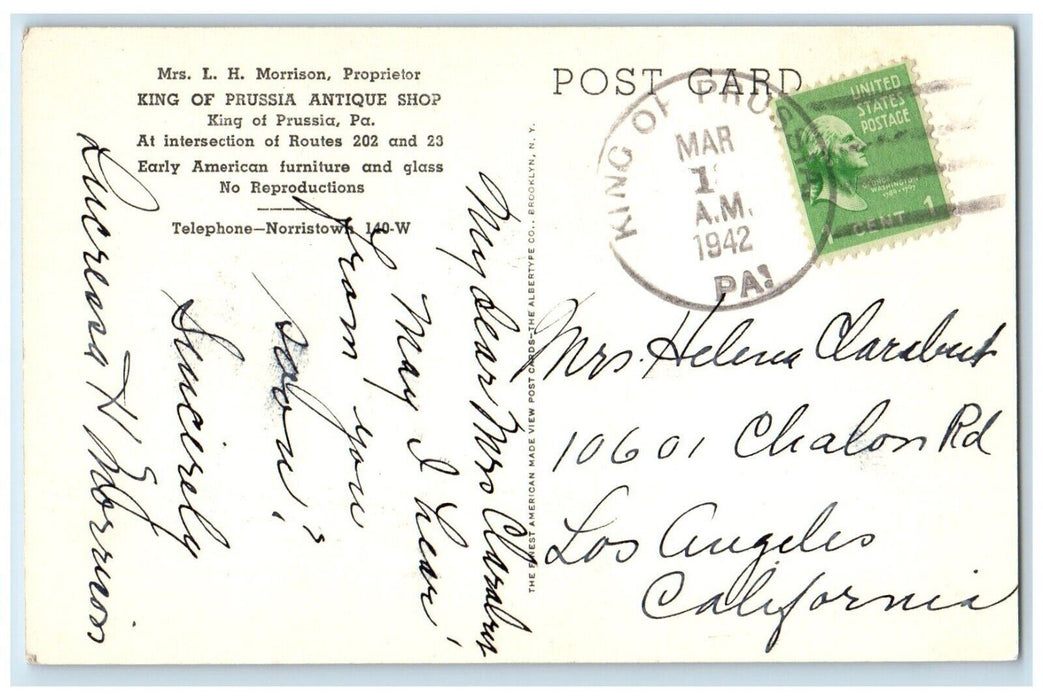 1942 King Prussia Antique Shop Interior Intersection Route Pennsylvania Postcard