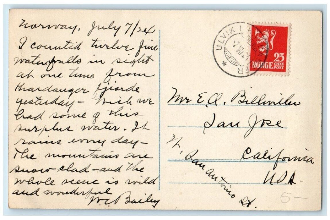 1924 Birds Eye View Fjord Mountains View Ulvik Norway RPPC Photo Posted Postcard