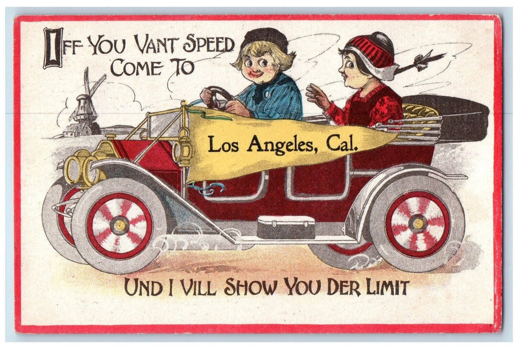 1913 Greetings From Los Angeles CA, Car Humor Couple Antique Posted Postcard