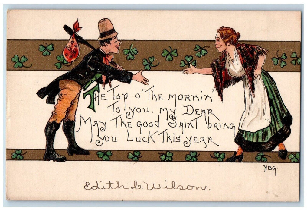 c1910's Old Man Woman Shamrock HBG Saint Patrick's Day Embossed Antique Postcard