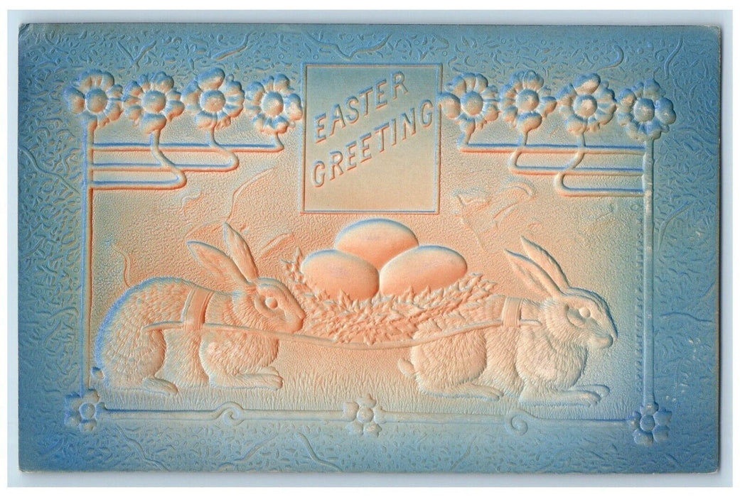 c1910's Easter Greetings Bunny Rabbit Carrying Egg Nest Airbrushed Postcard