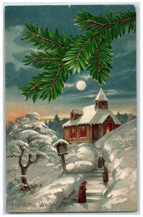 c1910's Christmas Pine Leaf Winter House Covered Snow Berlin Germany Postcard