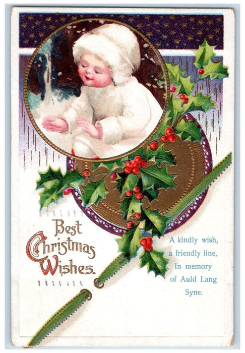 1912 Christmas Wishes Little Girl Holly Berries Clapsaddle (?) Embossed Postcard