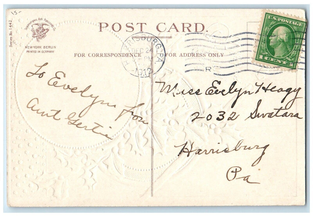1912 Christmas Wishes Little Girl Holly Berries Clapsaddle (?) Embossed Postcard