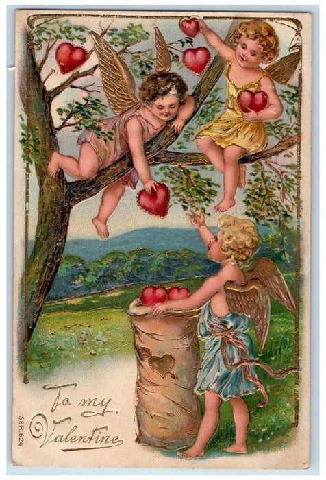 c1910's Valentine Angels Collecting Hearts Sack Embossed Posted Antique Postcard