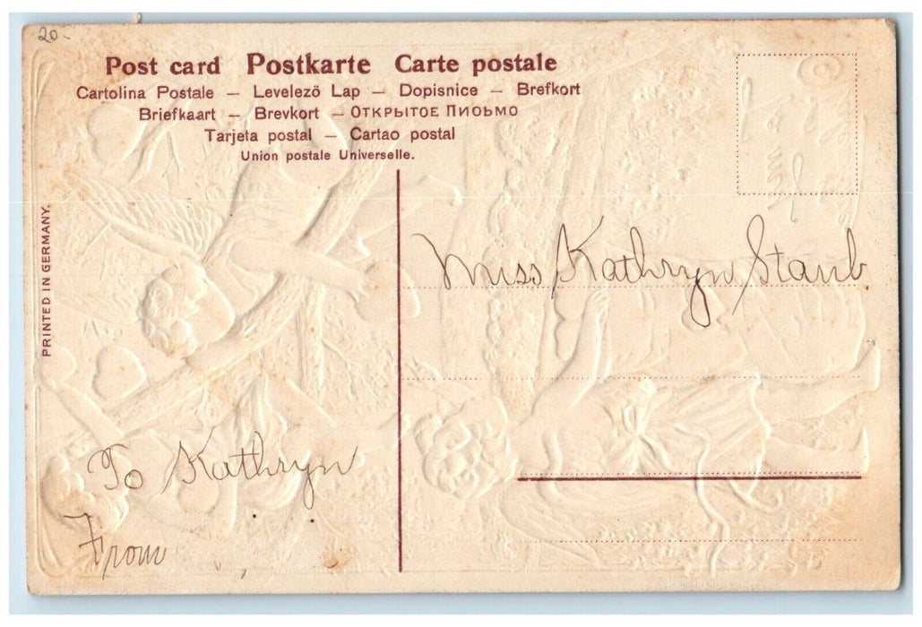 c1910's Valentine Angels Collecting Hearts Sack Embossed Posted Antique Postcard