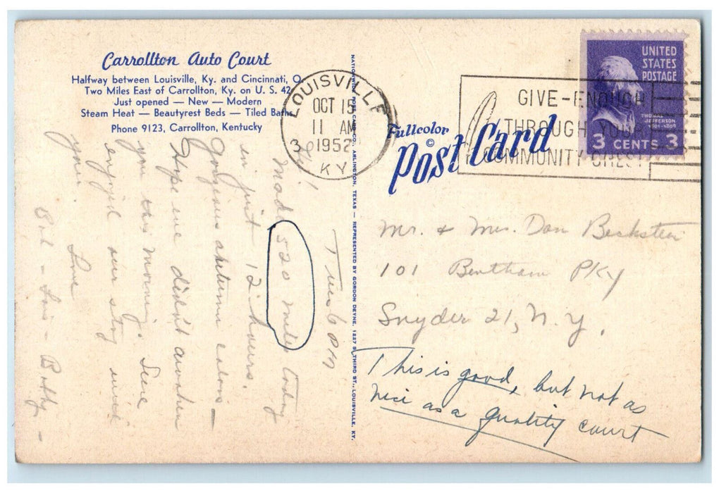 1952 Carrollton Auto Court Louisville Kentucky KY Multiview Vintage Postcard