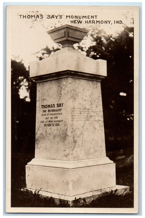 c1910's Thomas Say Monument New Harmony Indiana IN Antique RPPC Photo Postcard