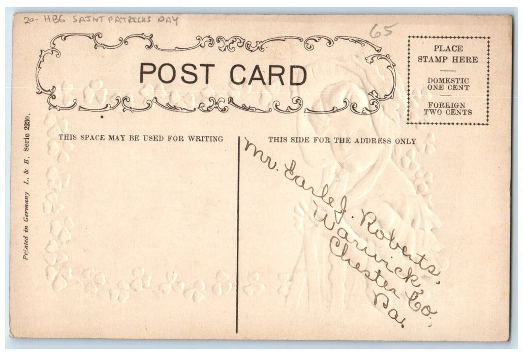 c1910's HBG St. Patrick's Day Pretty Woman Shamrock Embossed Antique Postcard