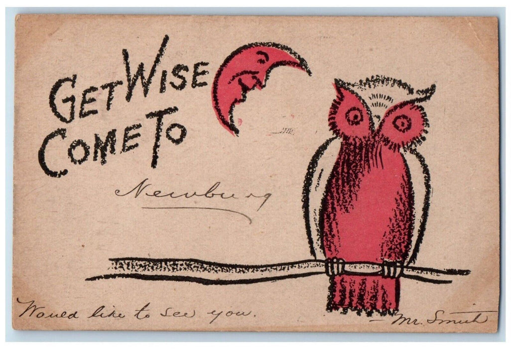 1908 Anthropomorphic Crescent Moon Owl Newburg West Virginia WV Antique Postcard