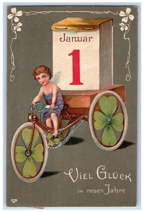 c1910's New Year January 1 Good Luck Bicycle Clover Wheels Embossed Postcard