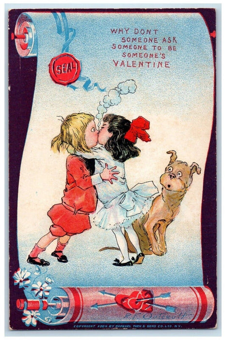 c1905 Valentine Children Kissing Dog Seal Heart Outcault Antique Postcard