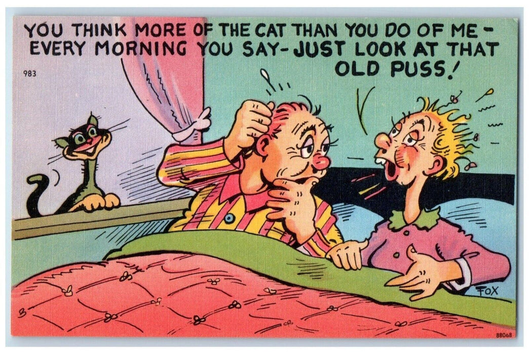 c1930's Couple In Bed Cat Just Look At That Old Puss Risque Humor Comic Postcard