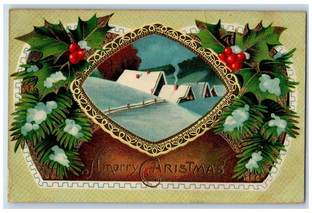 1913 Christmas Holly Berries Winter House Gel Gold Gilt Lancaster PA Postcard