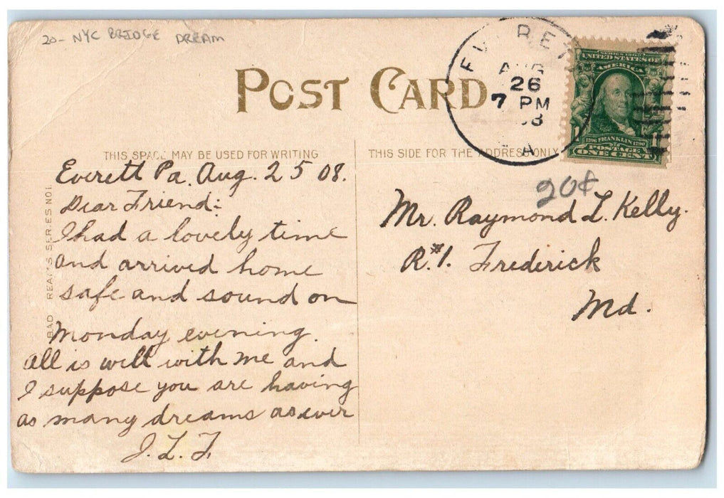 1908 NYC Boy Across Bridge Dream Steamer Boat Everett Pennsylvania PA Postcard