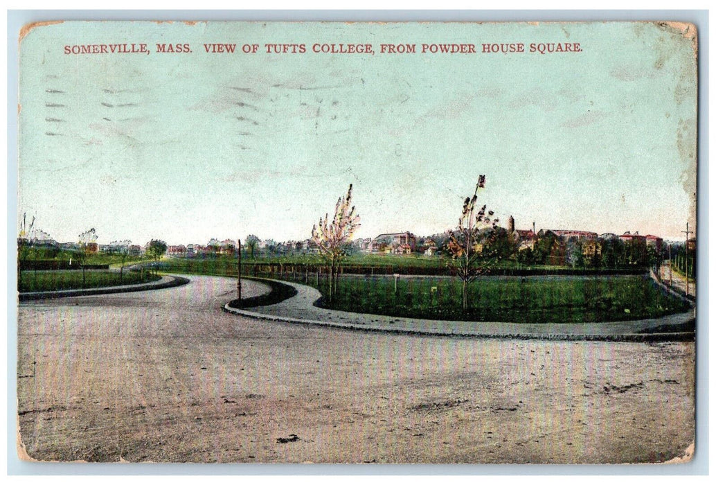 1910 View of Tufts College from Powder House Square Somerville MA Postcard