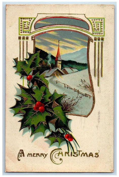 1913 Merry Christmas Holly Berries Church Gel Gold Gilt Lancaster PA Postcard