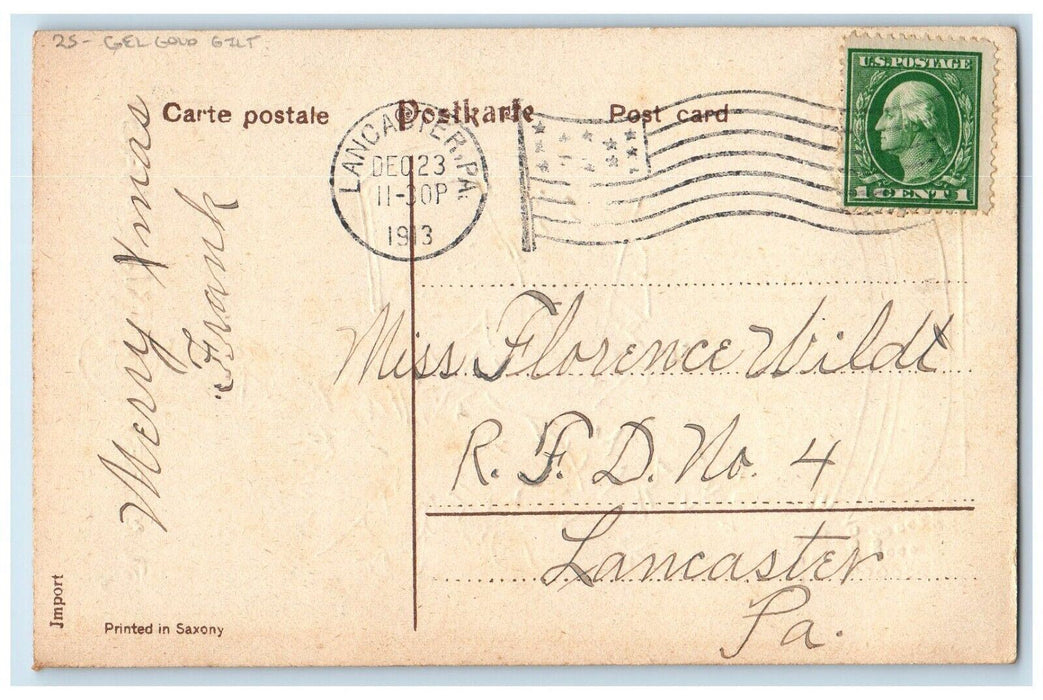 1913 Merry Christmas Holly Berries Church Gel Gold Gilt Lancaster PA Postcard