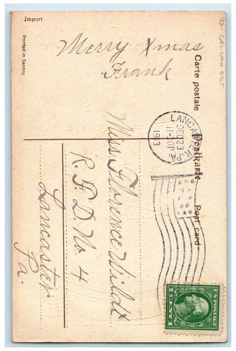 1913 Merry Christmas Holly Berries Church Gel Gold Gilt Lancaster PA Postcard
