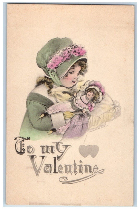 c1910's Valentine Hearts Girl Flowers Headband Doll Posted Antique Postcard