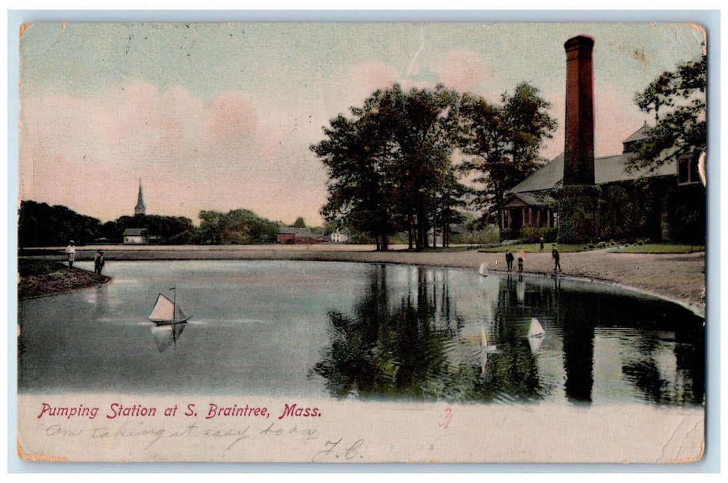 1906 Sailboat at Pumping Station South Braintree MA Chelmsford MA Postcard