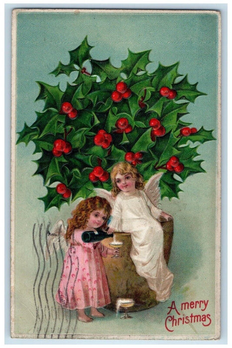 1909 Christmas Holly Berries Children Drinking Champagne Embossed Postcard