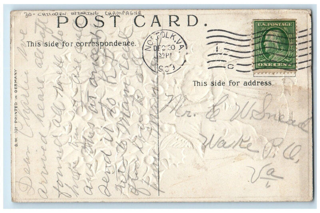 1909 Christmas Holly Berries Children Drinking Champagne Embossed Postcard