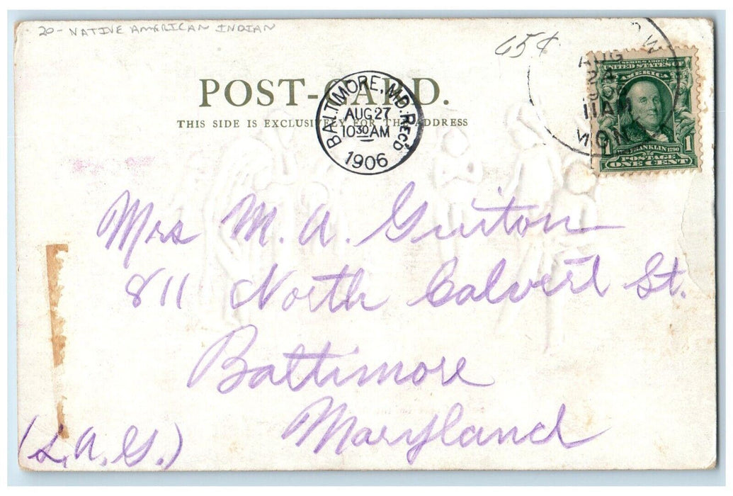 1906 Valentine American Indian Rabbit Embossed Baltimore Maryland MD Postcard
