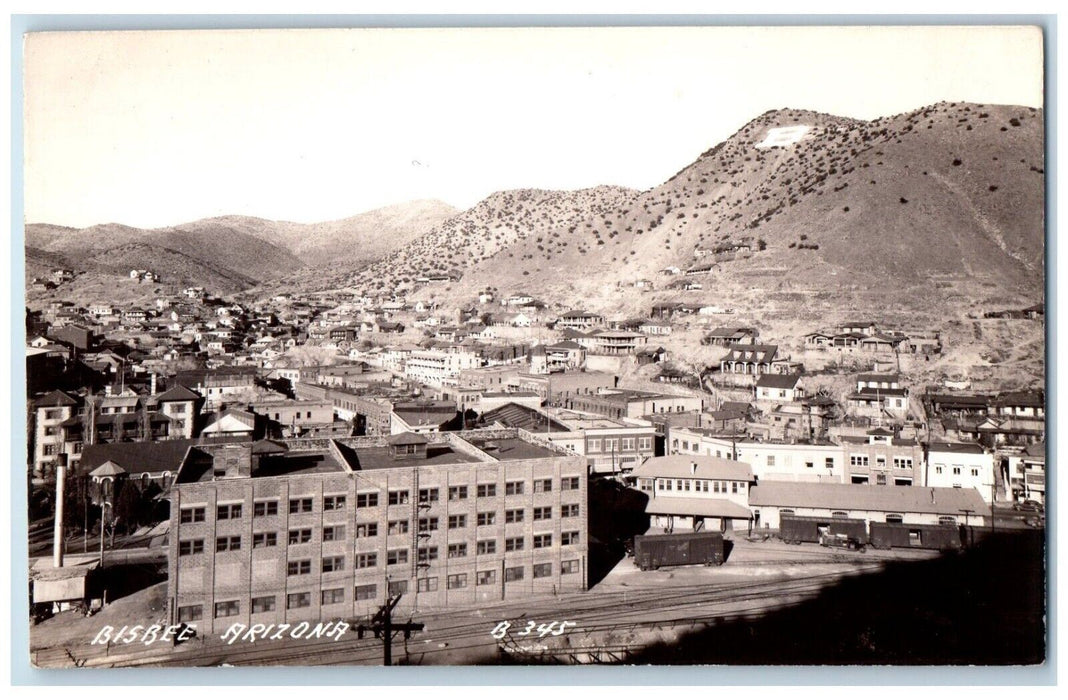 1938 Birds Eye View Of Bisbee Mountain Train Yard Arizona AZ RPPC Photo Postcard