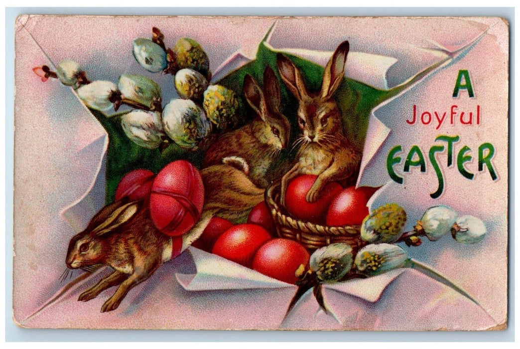 1914 Easter Bunny Rabbits Eggs Basket Gel Highland IL Posted Antique Postcard