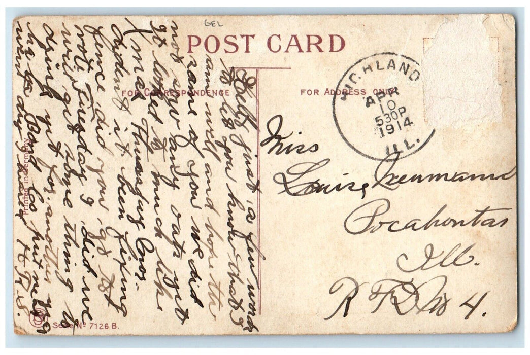 1914 Easter Bunny Rabbits Eggs Basket Gel Highland IL Posted Antique Postcard