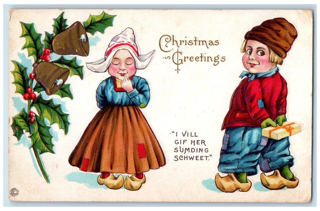 c1910's Christmas Greetings Dutch Girl Boy Present Holly Bells Embossed Postcard