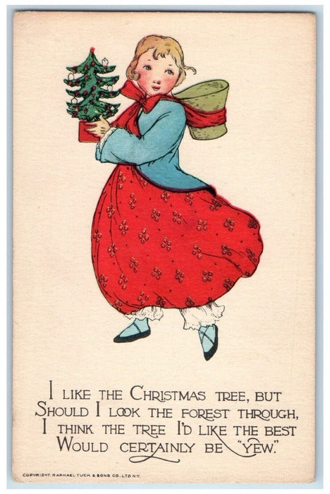 c1910's Girl Dress Holding Little Christmas Tree Tuck's Series Antique Postcard