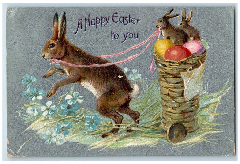 1909 Easter Rabbit Pulling Basket Eggs Pansies Flowers Embossed Tuck's Postcard