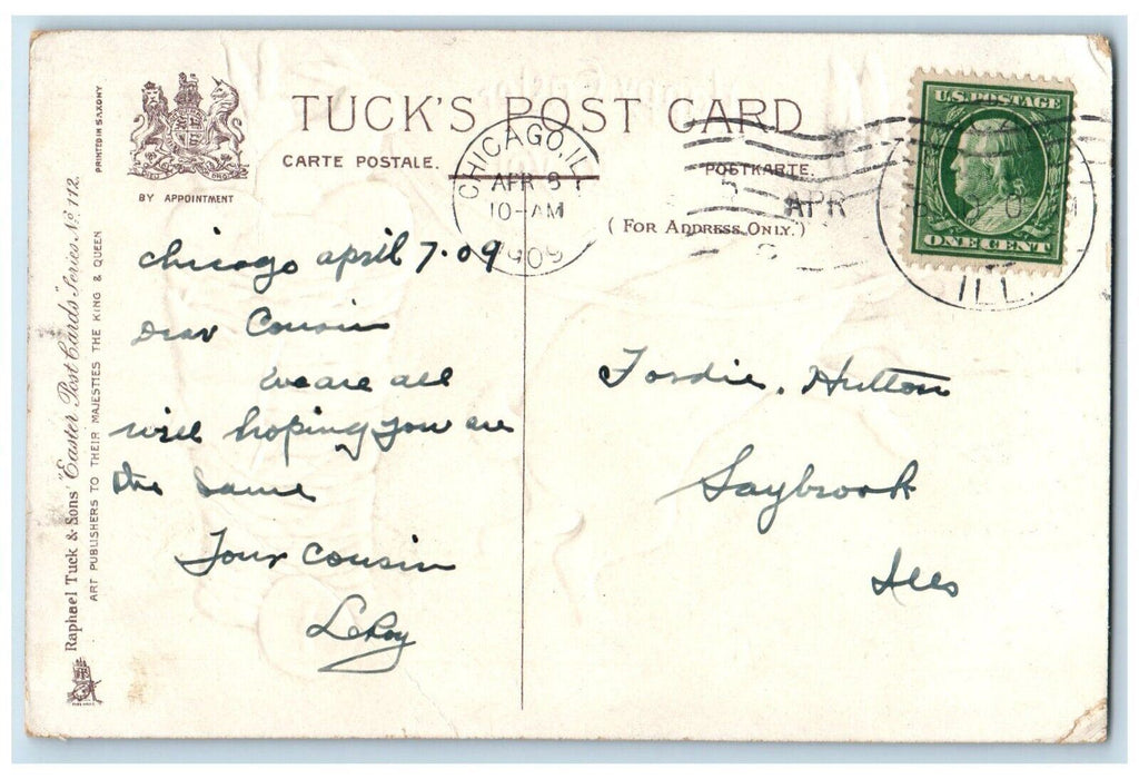 1909 Easter Rabbit Pulling Basket Eggs Pansies Flowers Embossed Tuck's Postcard