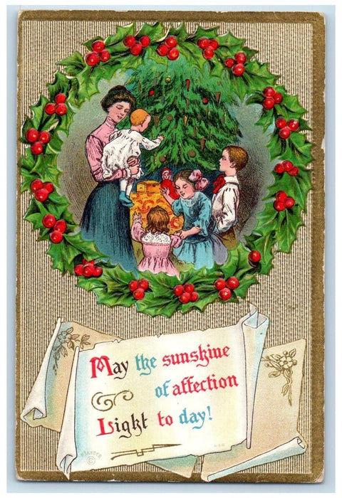 1910 Christmas Tree Mother And Childrens Holly Wreathe Gift Toys Posted Postcard