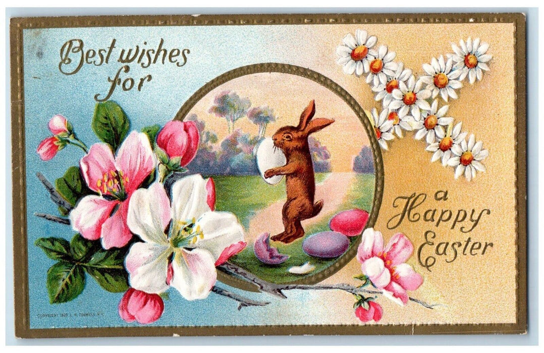 c1910's Easter Bunny Rabbit Carrying Egg Daisy Flowers Embossed Antique Postcard
