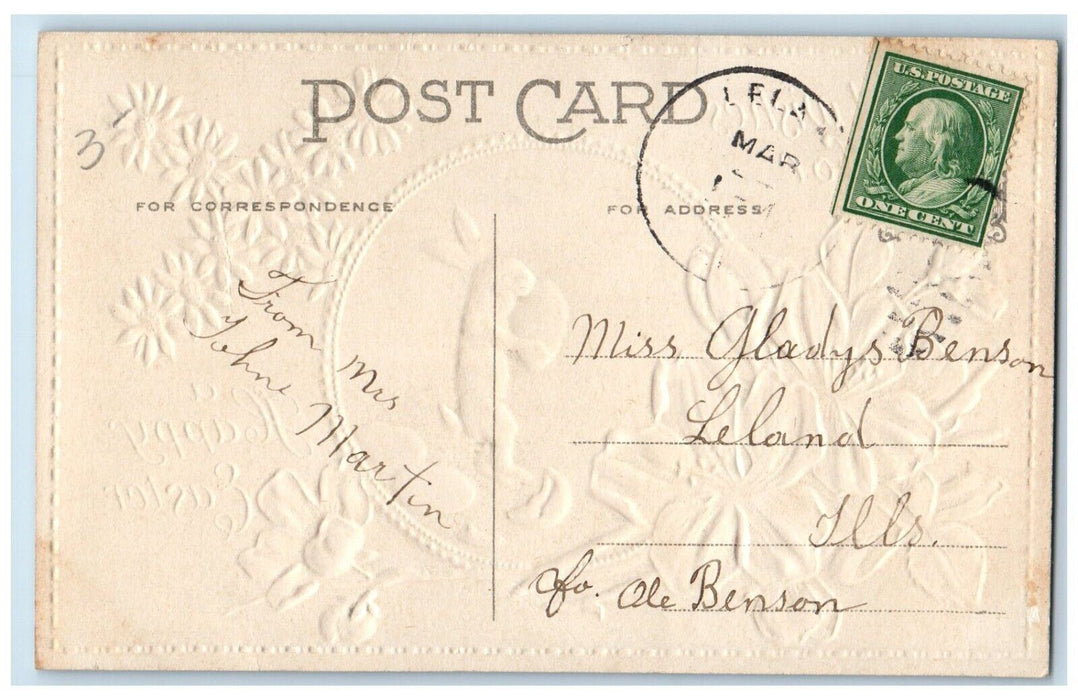c1910's Easter Bunny Rabbit Carrying Egg Daisy Flowers Embossed Antique Postcard