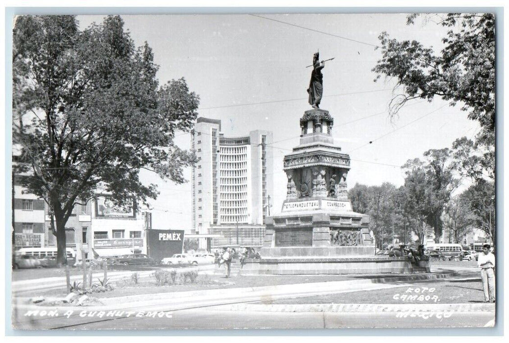 1950 Cuauhtemoc Monument Statue Pemex Mexico City Mexico RPPC Photo Postcard