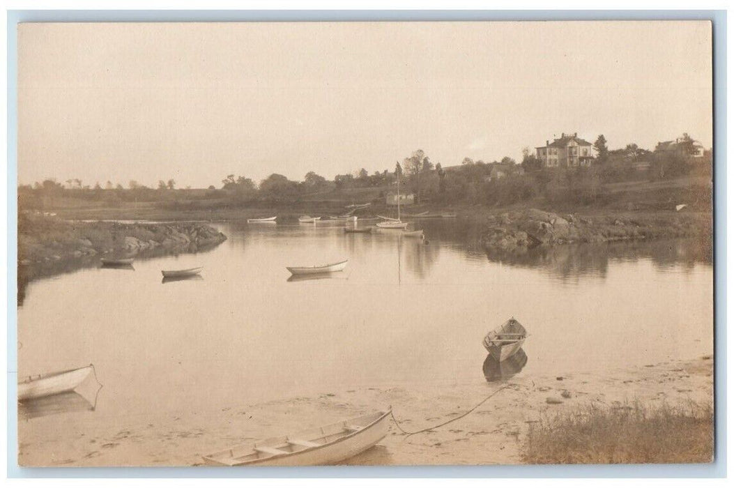 c1905 Canoe Boat Shore Residence View Rowley Ipswich MA RPPC Photo Postcard