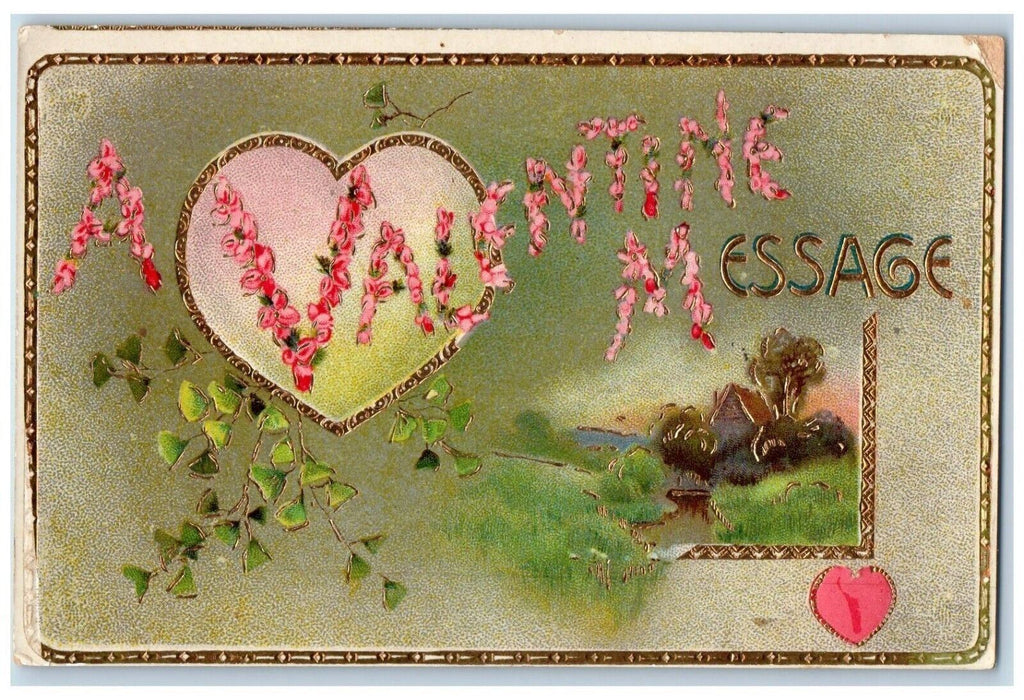 c1910's Valentine Message Heart Winsch Back Gel Gold Gilt Embossed Postcard
