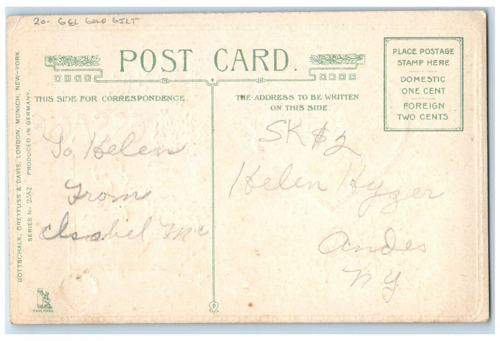 c1910's Valentine Message Heart Winsch Back Gel Gold Gilt Embossed Postcard