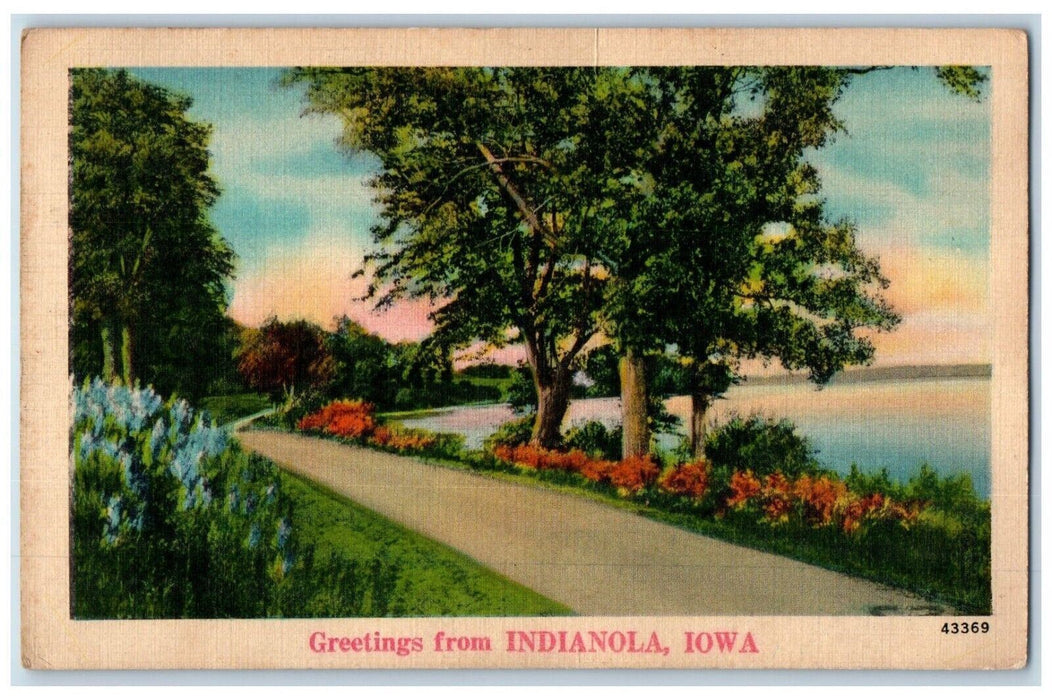 1940 Road Flowers Scene Greetings from Indianola IA Posted Vintage Postcard