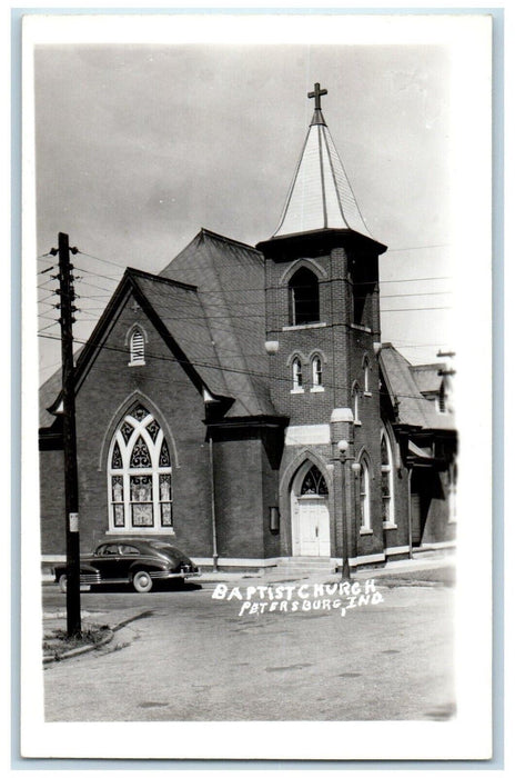 Baptist Church Car Scene Street Petersburg Indiana IN RPPC Photo Postcard