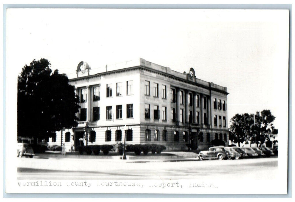 Vermillion County Courthouse Cars Newport Indiana IN Vintage RPPC Photo Postcard